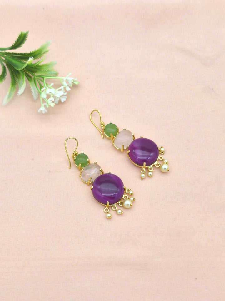 Awesome Gold Plated Magenta Onyx-Rose Quartz-Peridot Charming Designer Dangle Drop Earrings