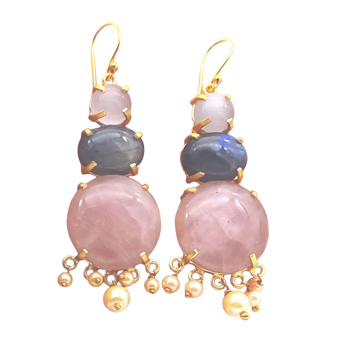 Awesome Gold Plated Rose Quartz-Labradorite-Pink Monalisa Charming Designer Dangle Drop Earrings