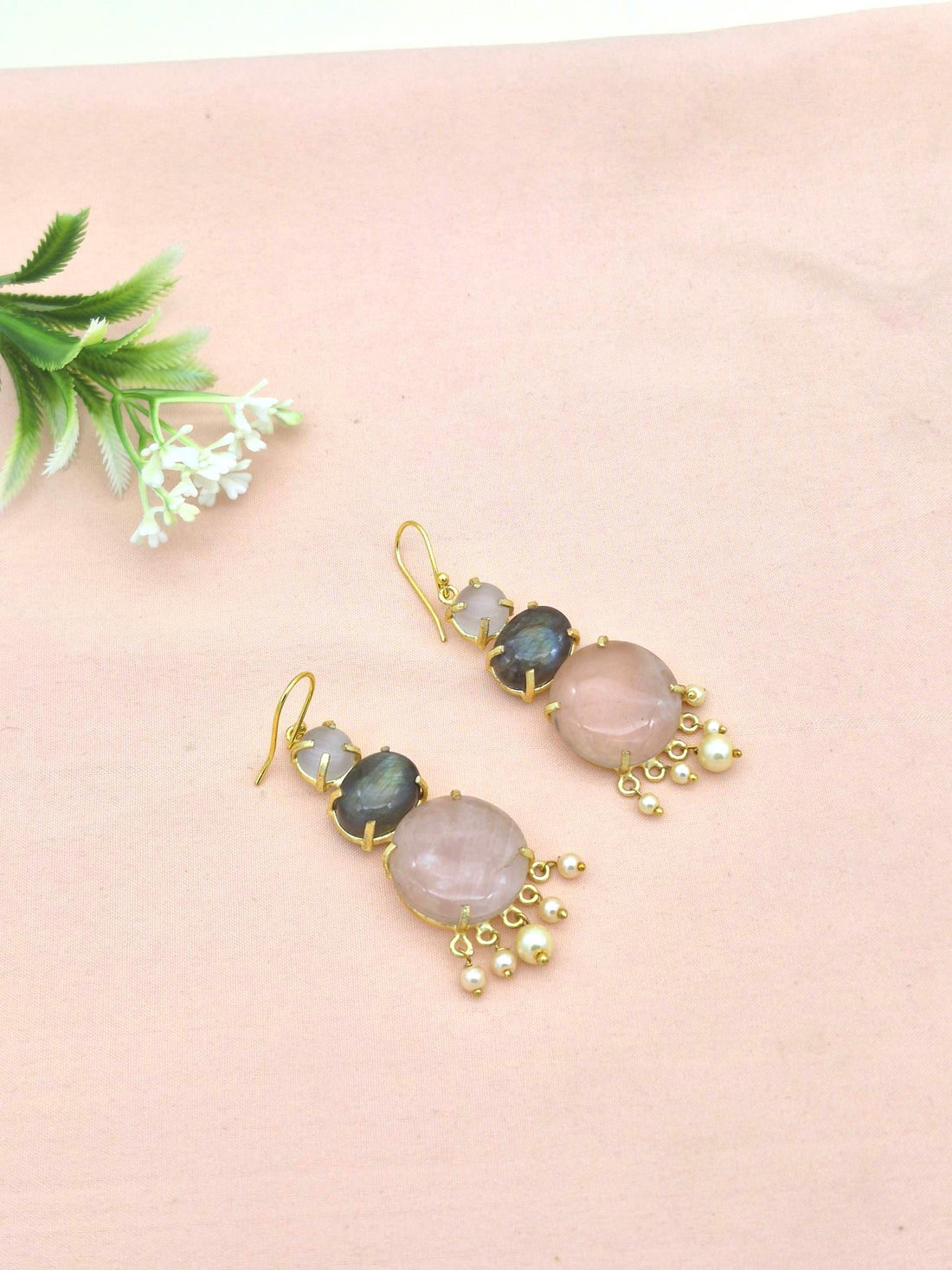 Awesome Gold Plated Rose Quartz-Labradorite-Pink Monalisa Charming Designer Dangle Drop Earrings