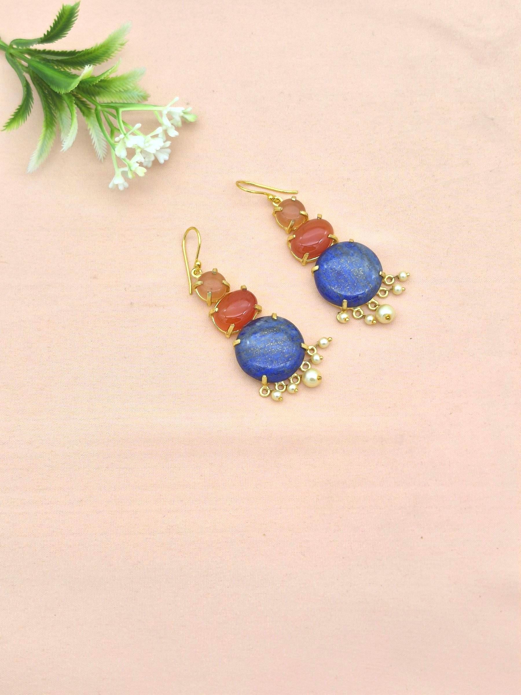 Awesome Gold Plated Lapis-Carnelian-Yellow Monalisa Charming Designer Dangle Drop Earrings