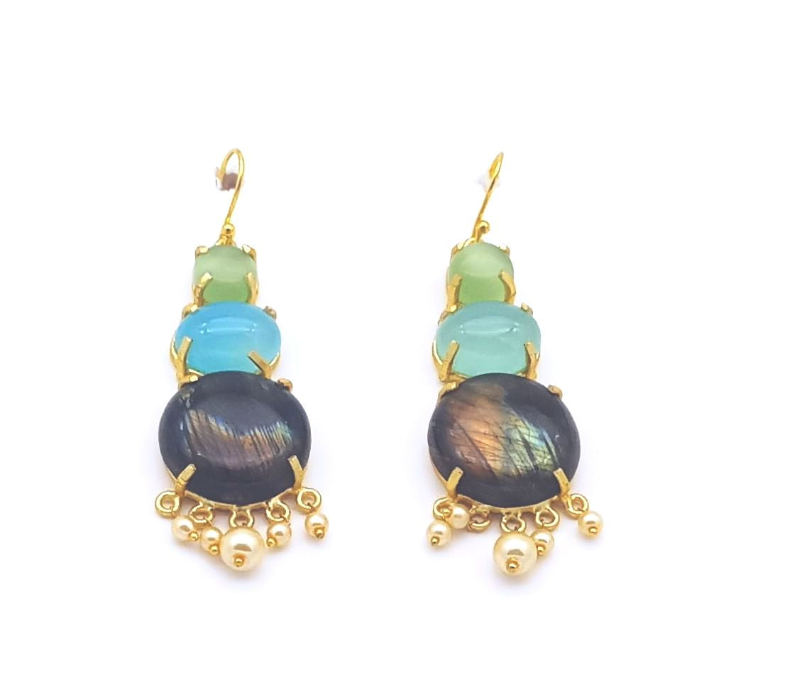Awesome Gold Plated Labradorite-Chalcedony-Green Monalisa Charming Designer Dangle Drop Earrings