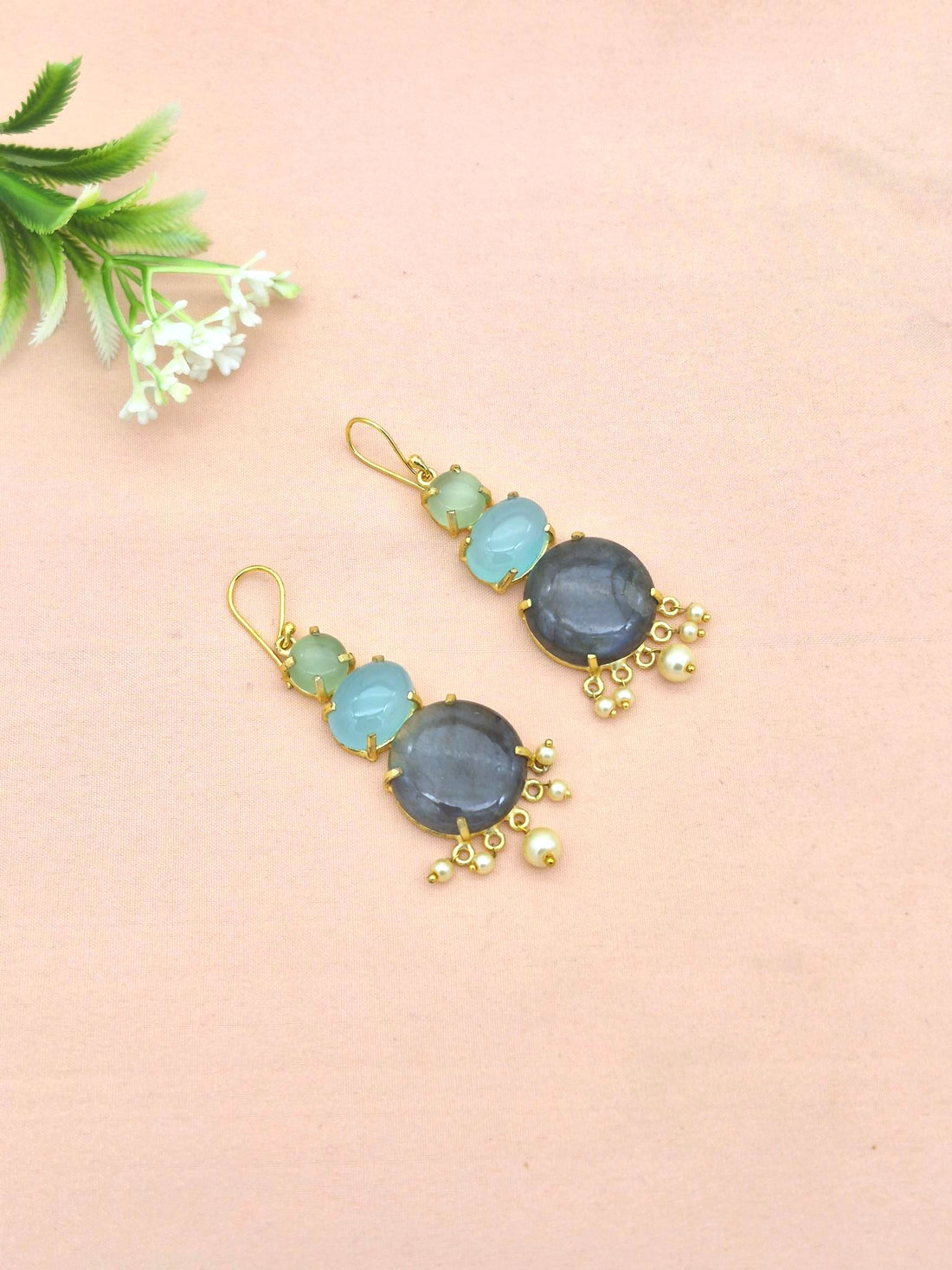 Awesome Gold Plated Labradorite-Chalcedony-Green Monalisa Charming Designer Dangle Drop Earrings