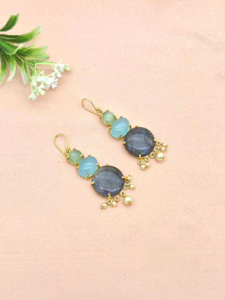 Awesome Gold Plated Labradorite-Chalcedony-Green Monalisa Charming Designer Dangle Drop Earrings