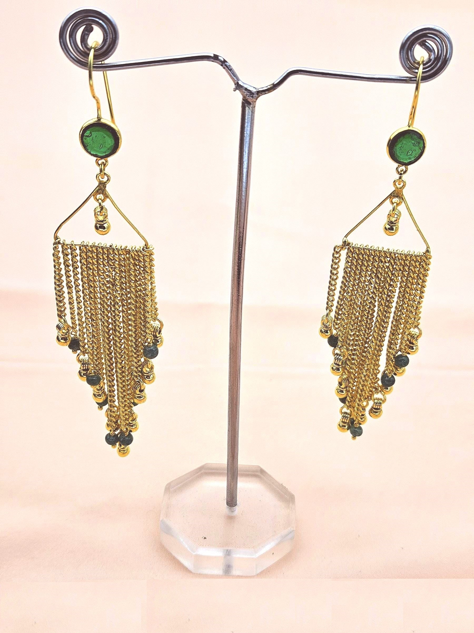 Charming Handcrafted Gold plated Green Hydro Quartz-Jade Beads Long Hanging Chain Earrings