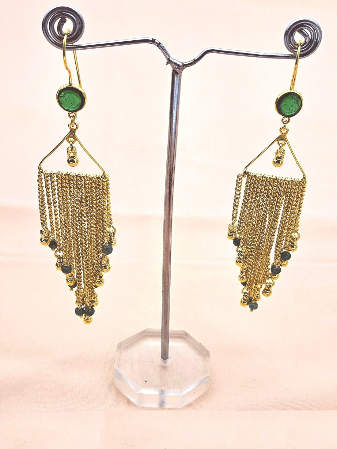 Charming Handcrafted Gold plated Green Hydro Quartz-Jade Beads Long Hanging Chain Earrings