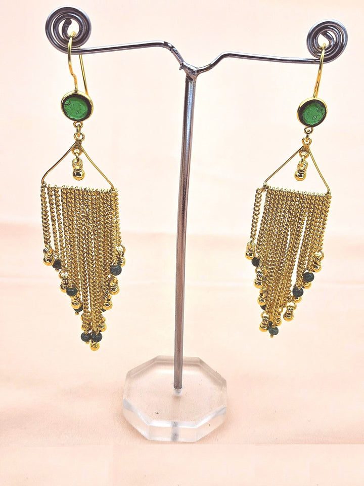 Charming Handcrafted Gold plated Green Hydro Quartz-Jade Beads Long Hanging Chain Earrings