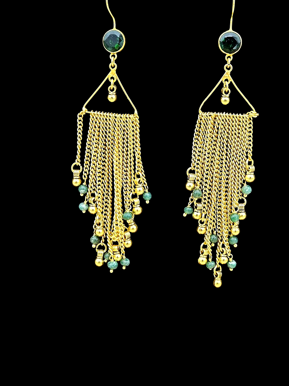 Charming Handcrafted Gold plated Green Hydro Quartz-Jade Beads Long Hanging Chain Earrings