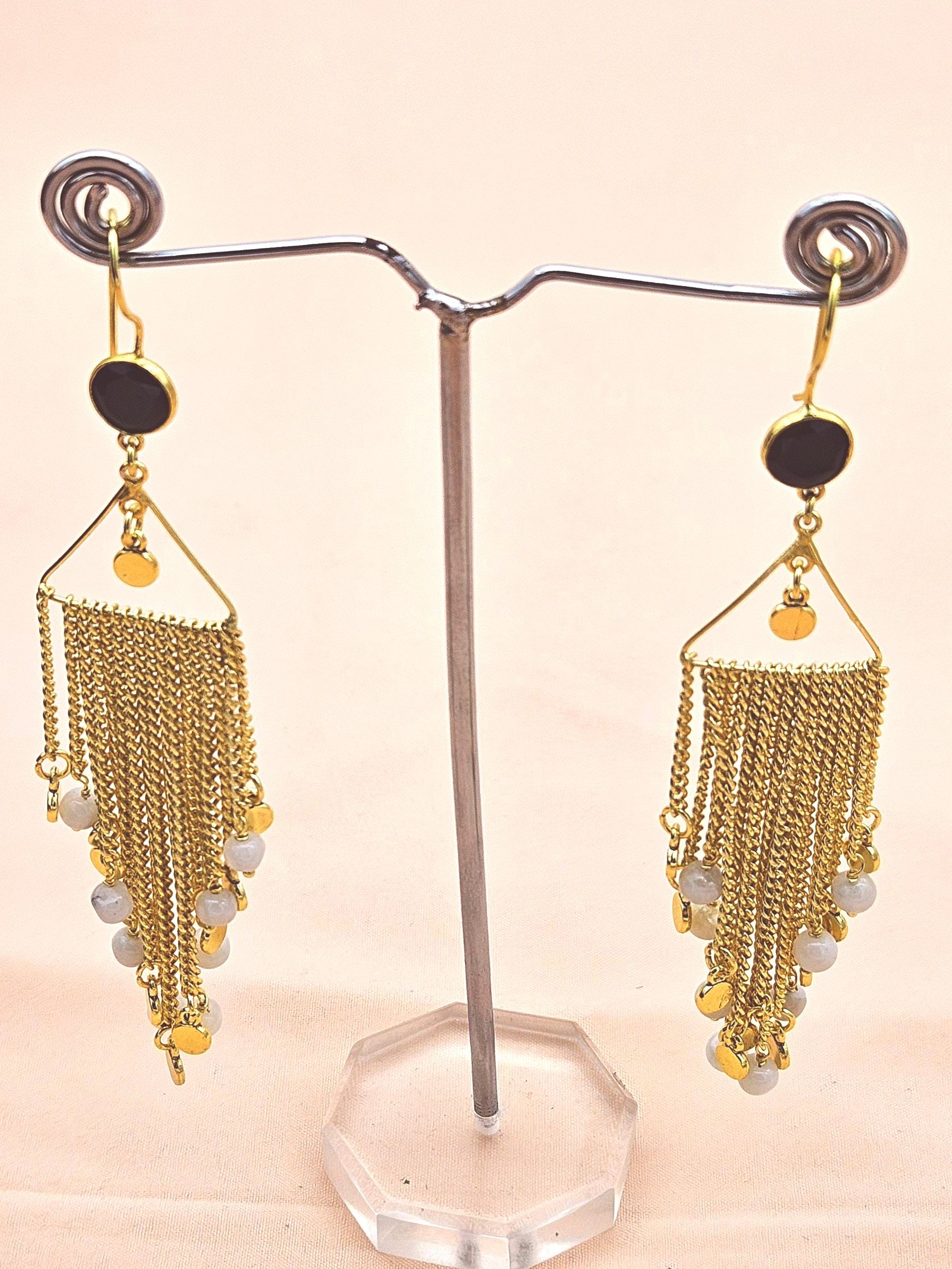 Charming Handcrafted Gold plated Black Onyx-White Rainbow Stone Beads Long Hanging Chain Earrings