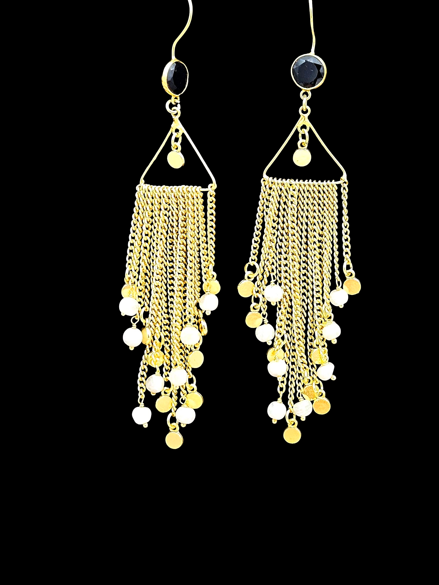 Charming Handcrafted Gold plated Black Onyx-White Rainbow Stone Beads Long Hanging Chain Earrings