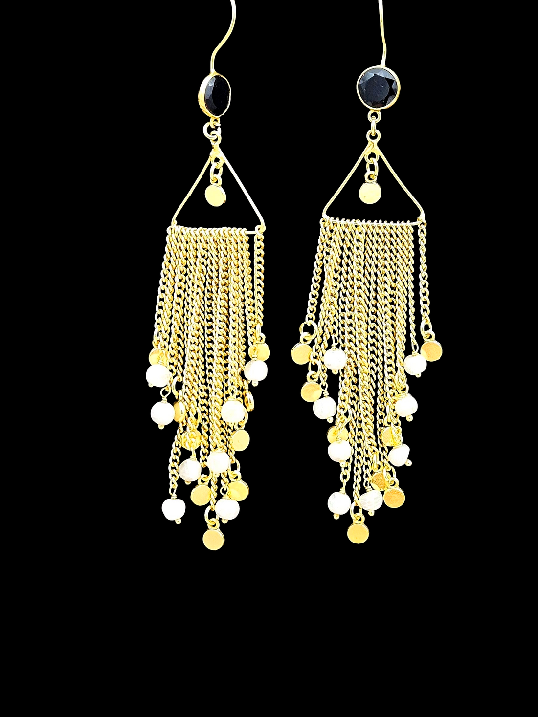 Charming Handcrafted Gold plated Black Onyx-White Rainbow Stone Beads Long Hanging Chain Earrings