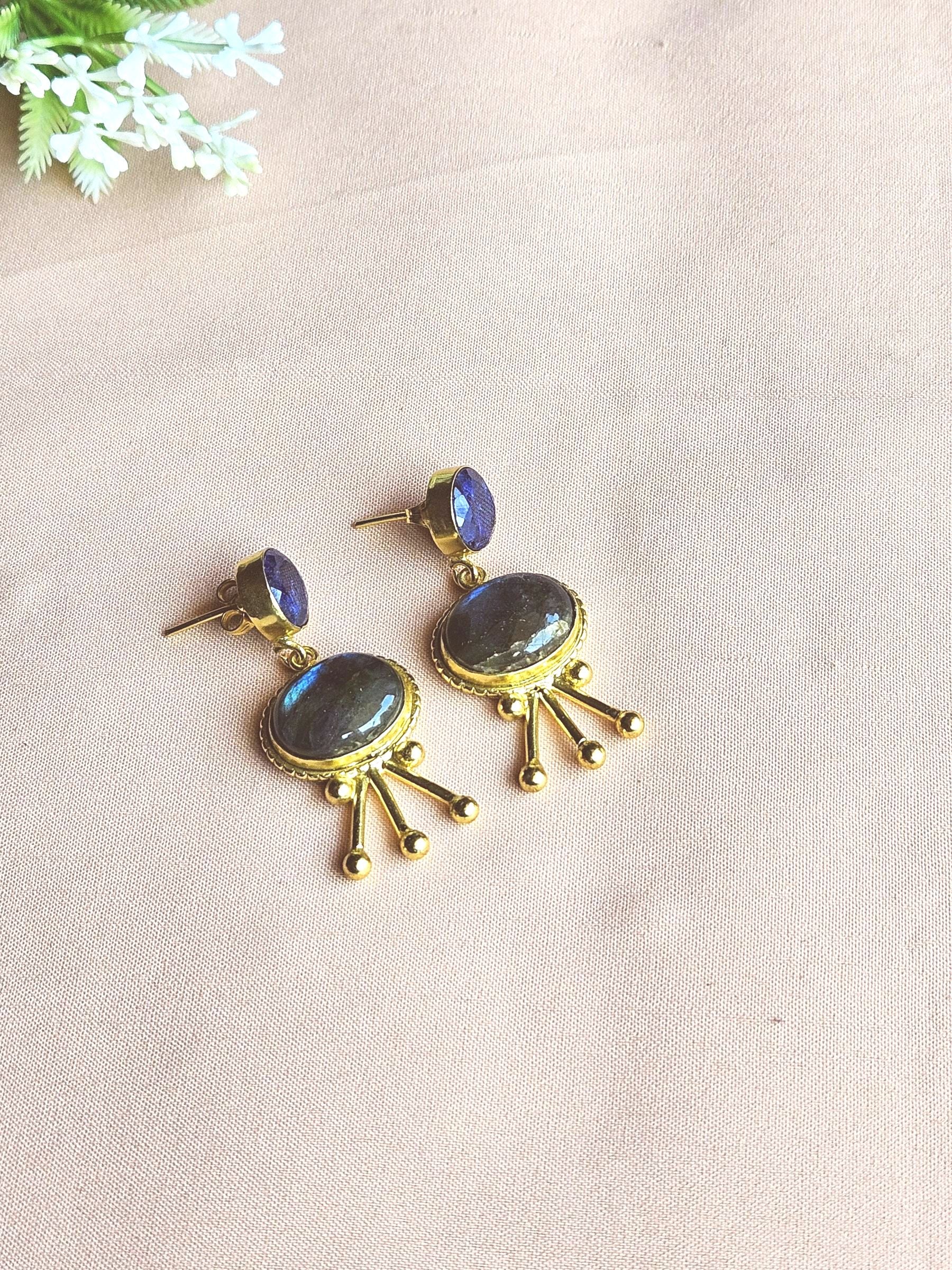 Stunning Gold Plated Semi Precious Gemstone Charming Designer Light Weight Dangle Drop Earrings
