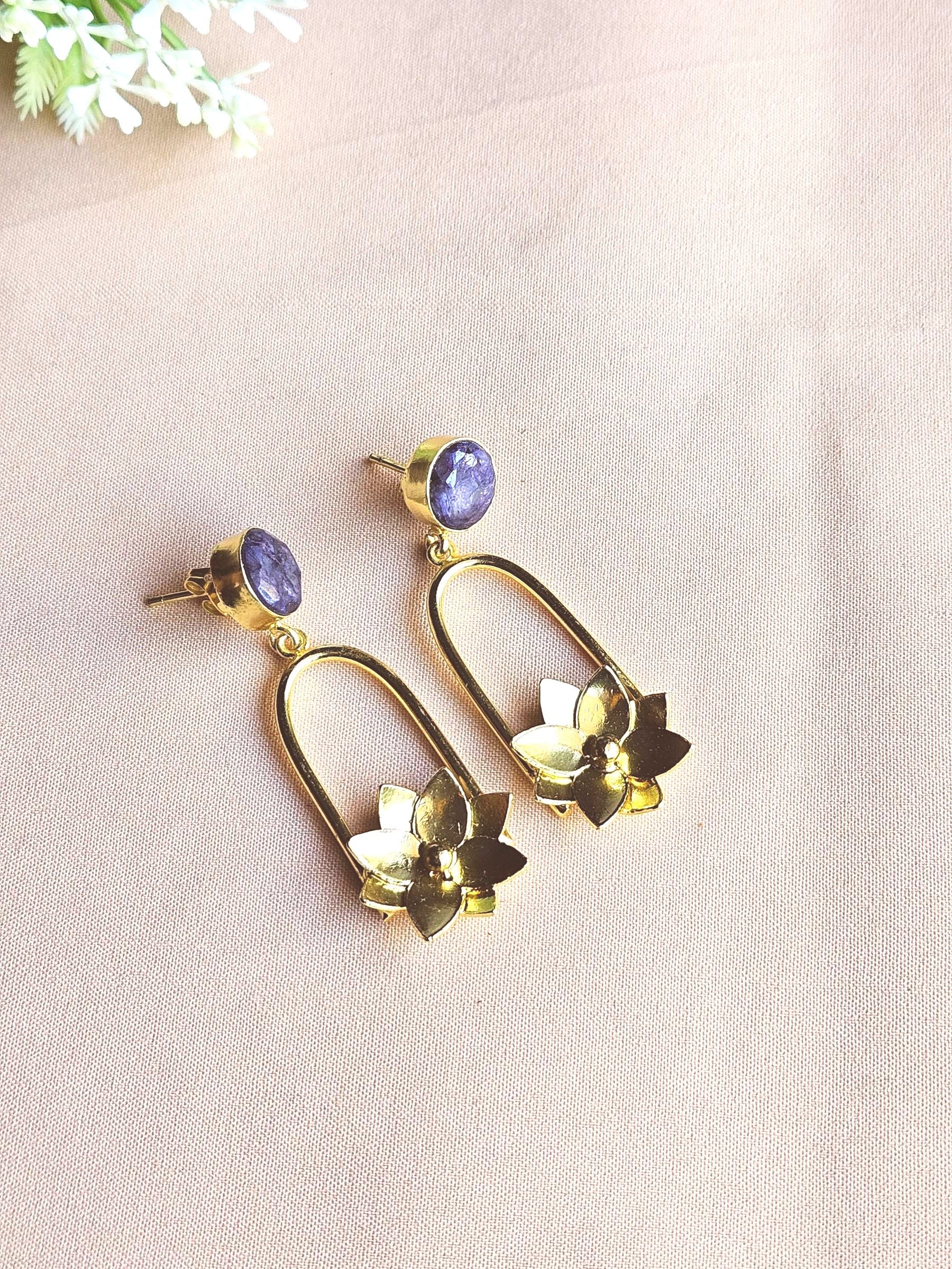 Gorgeous Gold Plated Semi Precious Gemstone Charming Designer Dangle Drop Earrings
