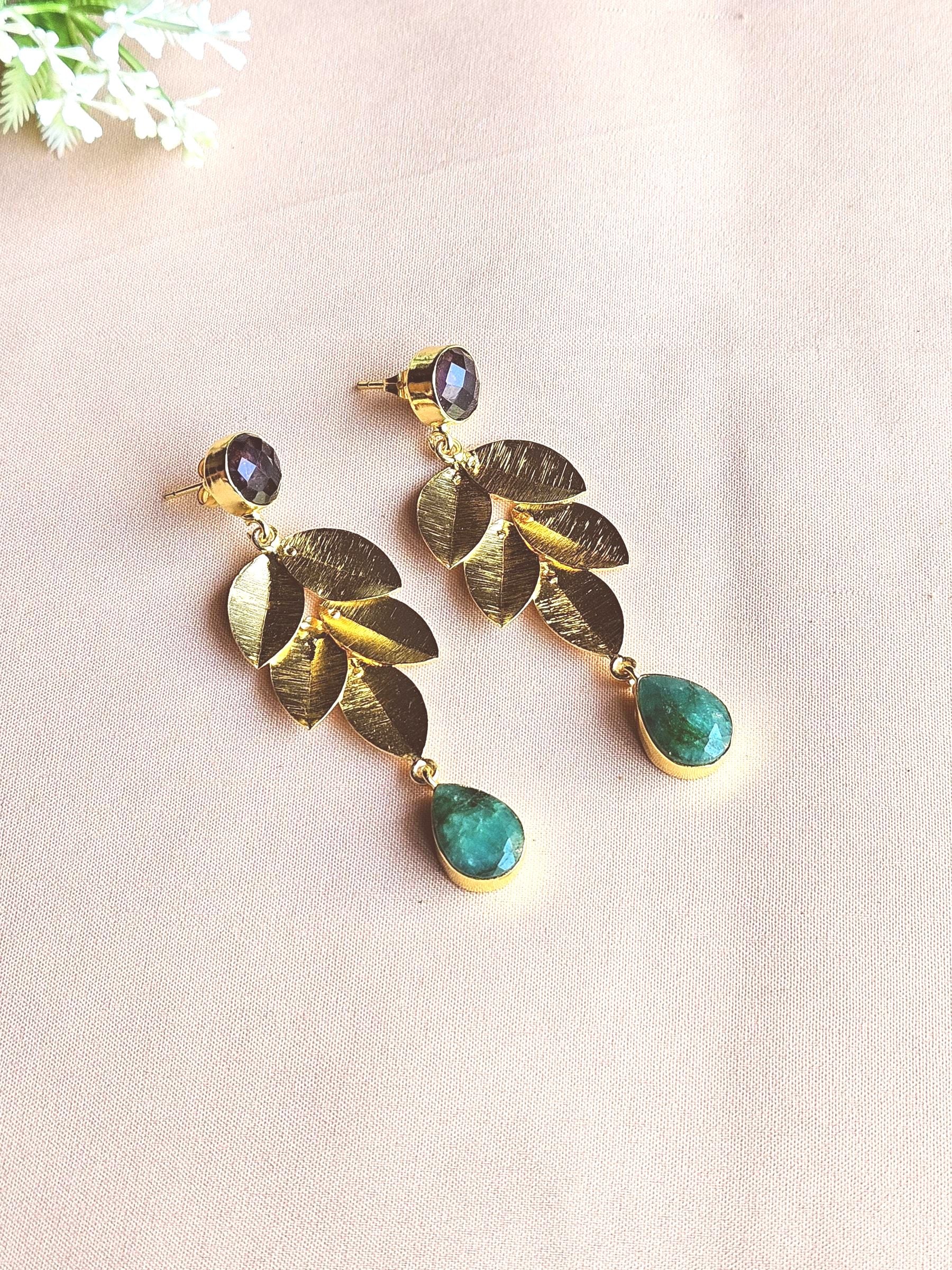 Stunning Gold Plated Semi Precious / Imitation Gemstone Charming Designer Dangle Drop Earrings