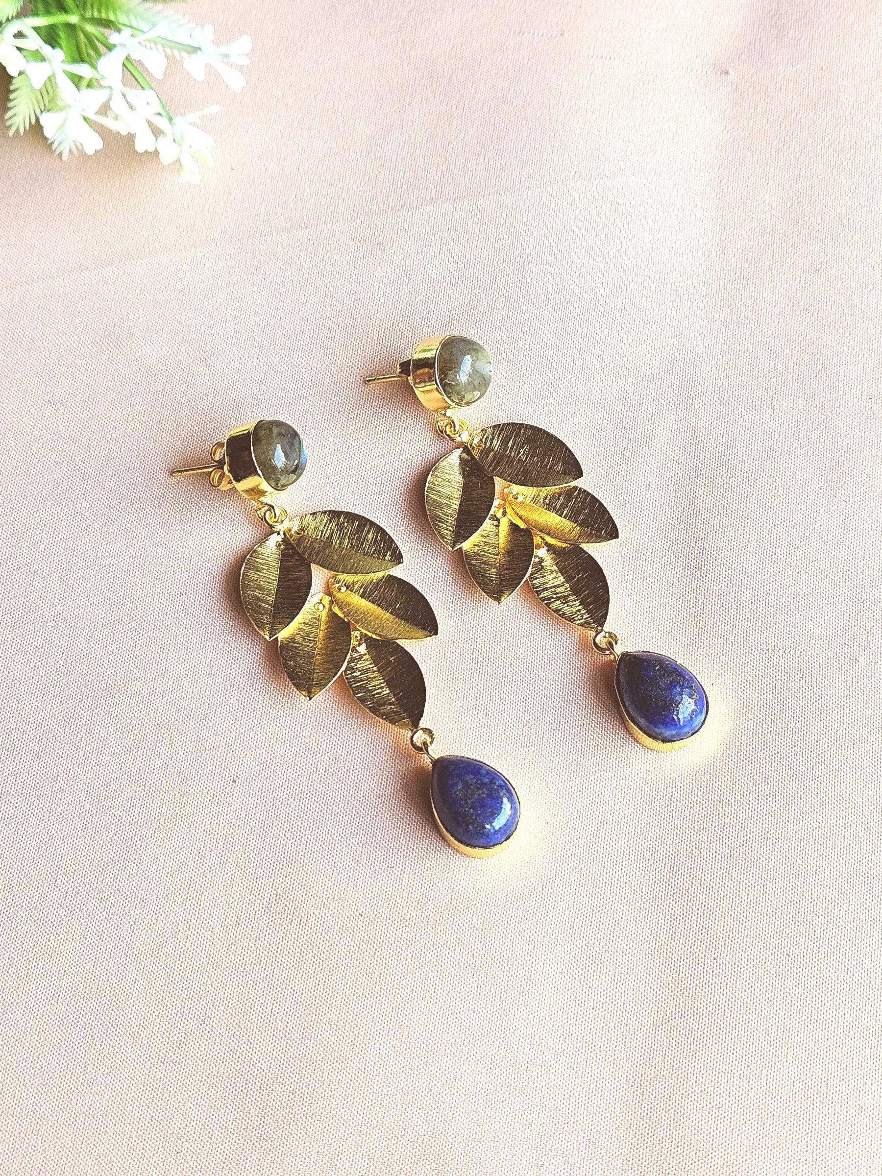 Stunning Gold Plated Semi Precious Gemstone Charming Designer Dangle Drop Earrings