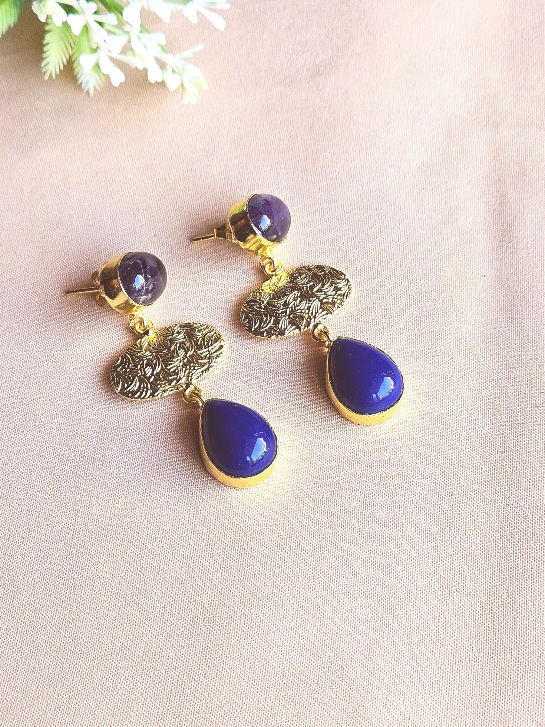 Charming Gold Plated Semi Precious / Imitation stone Light Weight Dangle Drop Earrings