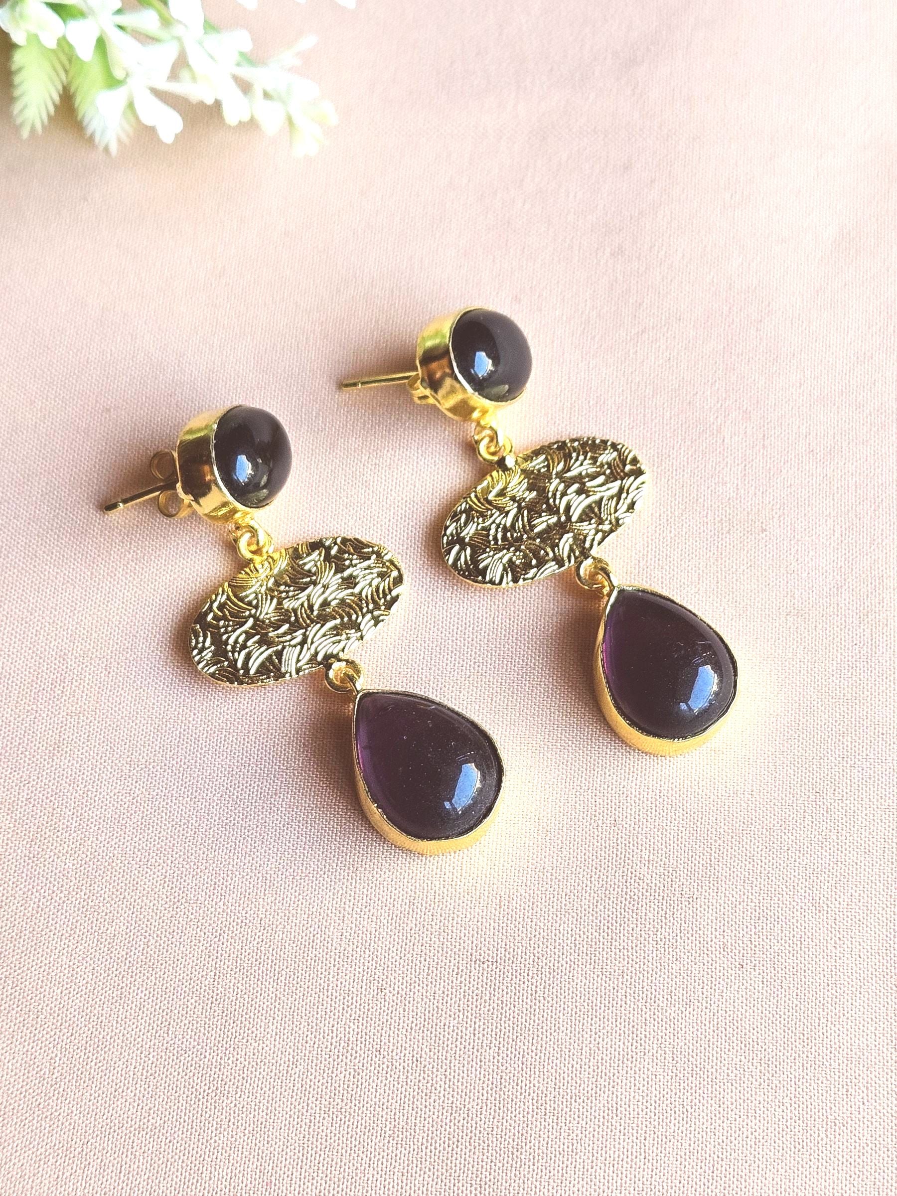 Charming Gold Plated Semi Precious / Imitation stone Light Weight Dangle Drop Earrings