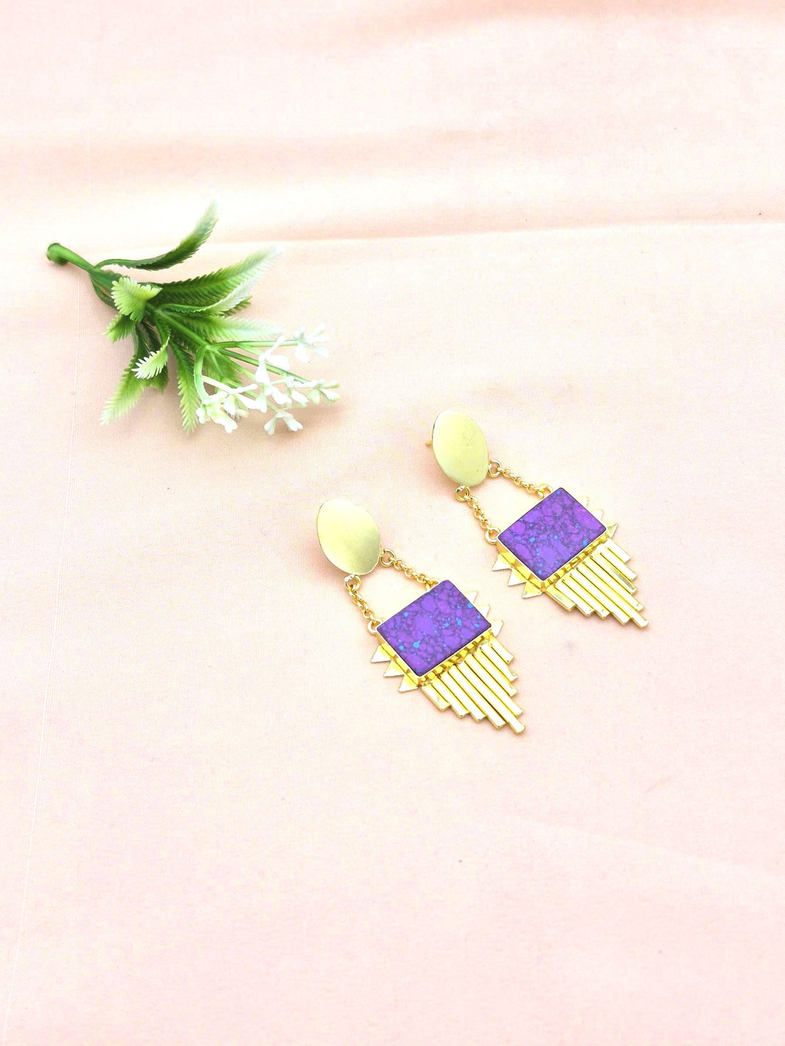 Amazing Gold Plated Brass Dangle Earrings –  Imitation Stone Handcrafted Jewelry