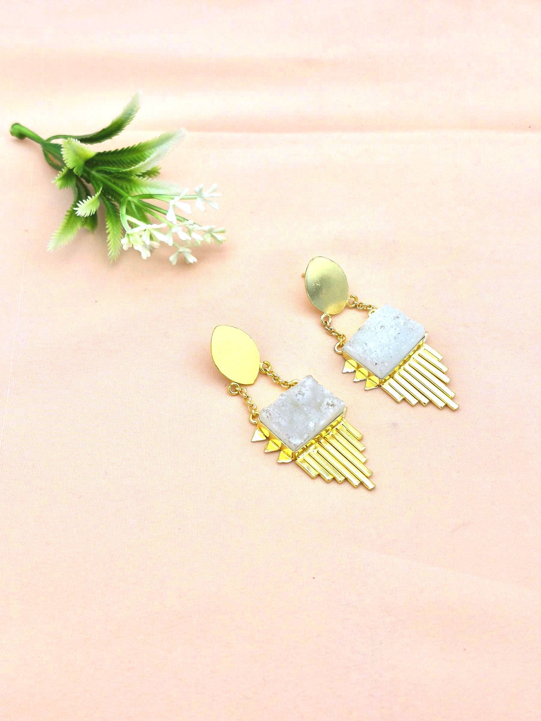 Amazing Gold Plated Brass Dangle Earrings –  Semi Precious Stone Handcrafted Jewelry