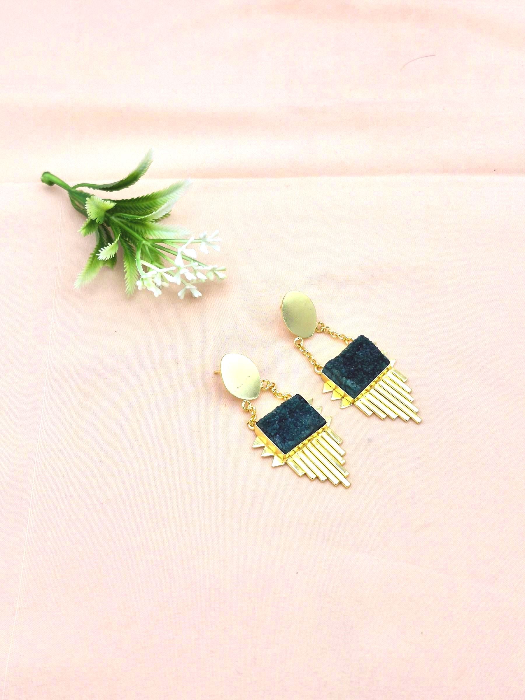 Amazing Gold Plated Brass Dangle Earrings –  Semi Precious Stone Handcrafted Jewelry