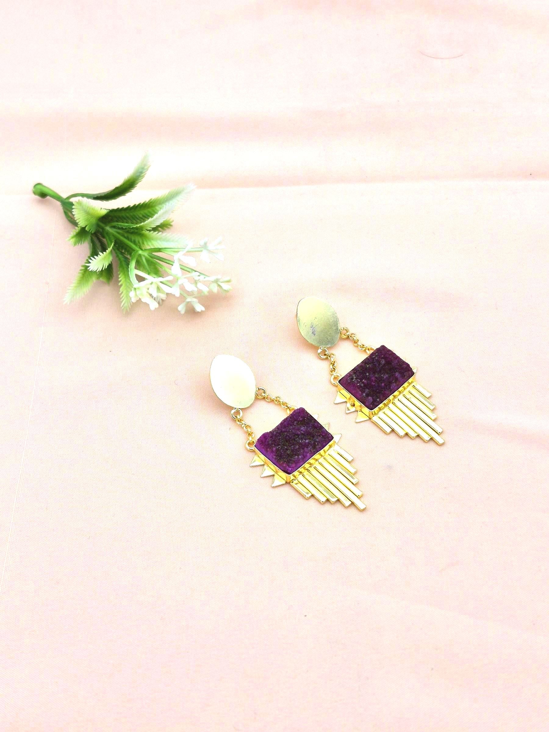 Amazing Gold Plated Brass Dangle Earrings –  Semi Precious Stone Handcrafted Jewelry