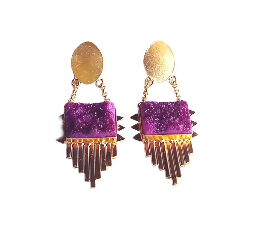 Amazing Gold Plated Brass Dangle Earrings –  Semi Precious Stone Handcrafted Jewelry
