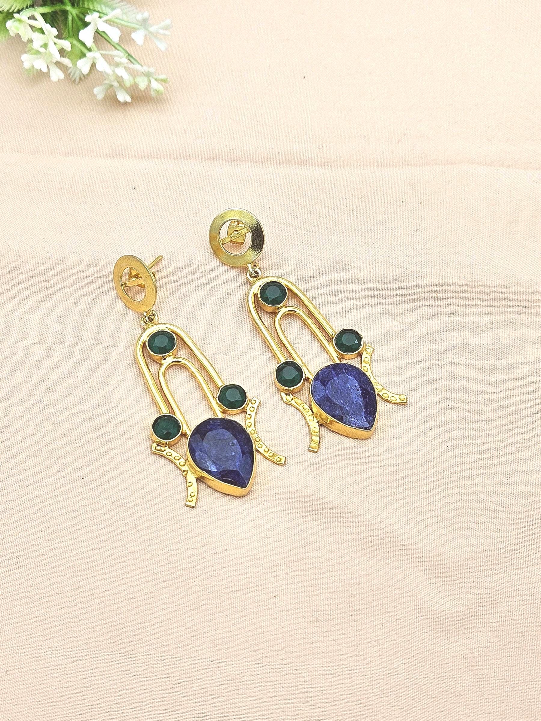 Stunning Gold Plated Semi Precious Gemstone Awesome Designer Dangle Drop Earrings