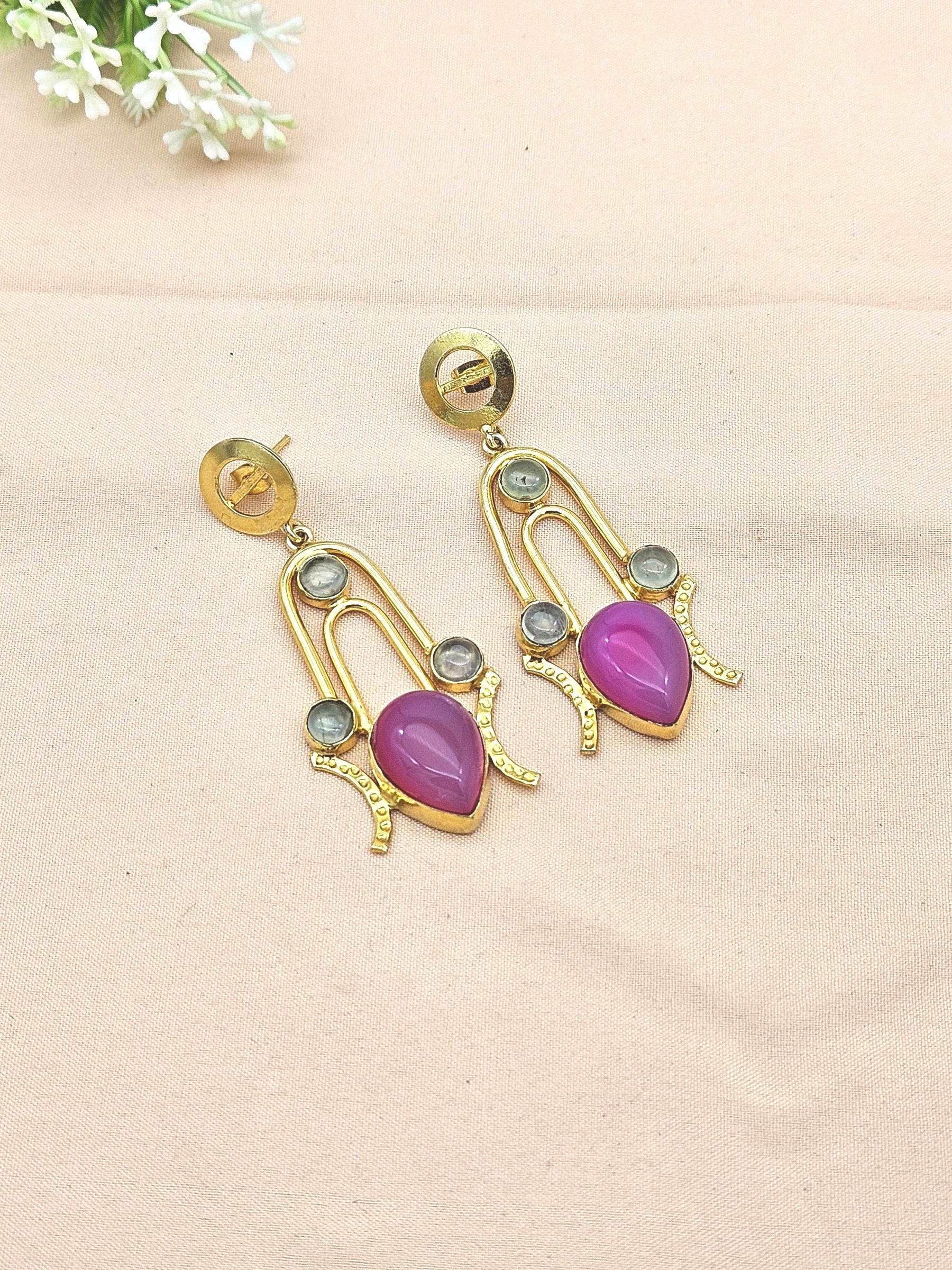 Stunning Gold Plated Semi Precious Gemstone Awesome Designer Dangle Drop Earrings