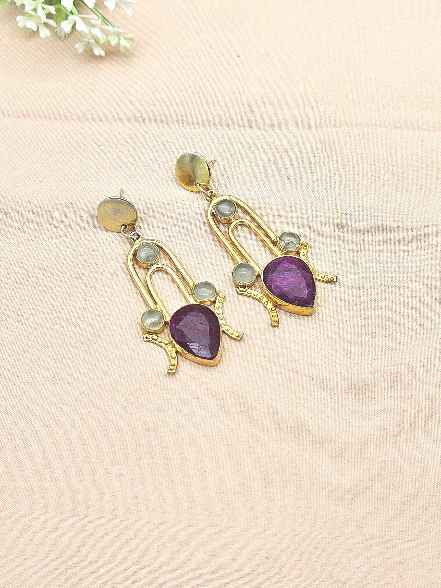 Stunning Gold Plated Semi Precious Gemstone Awesome Designer Dangle Drop Earrings