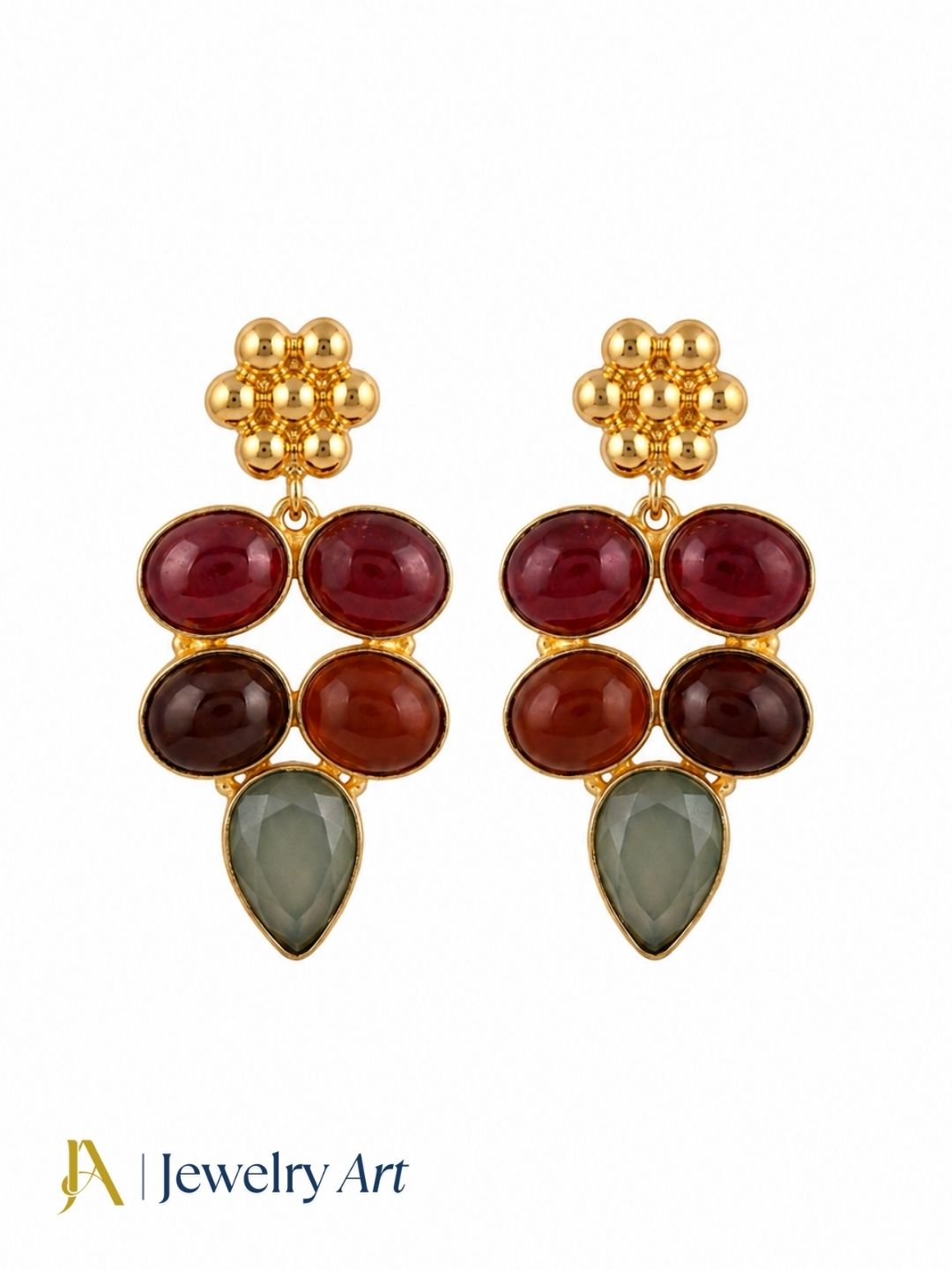Designer red onyx aquamarine gemstone earrings on a pure white background

