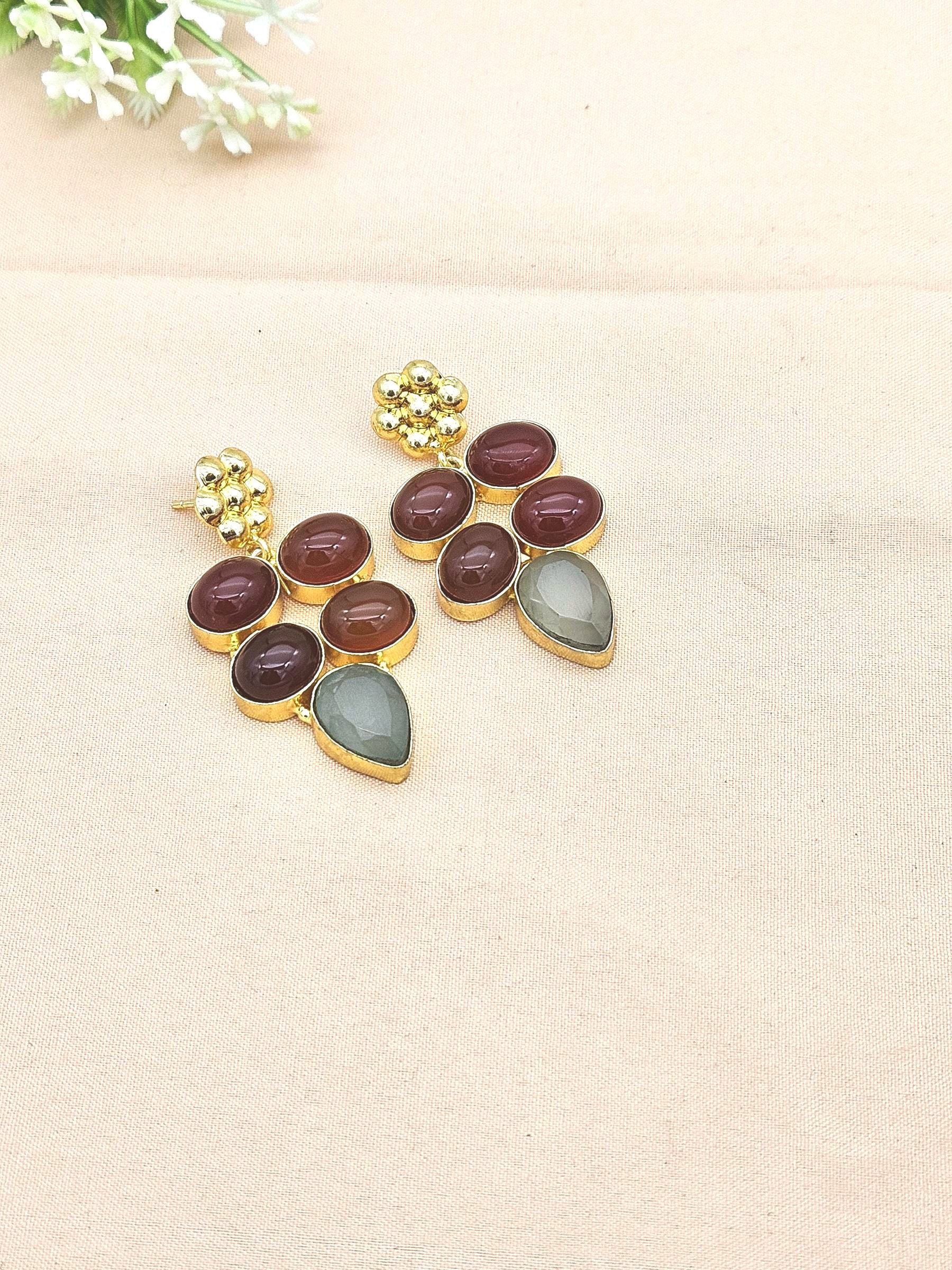 Amazing Gold Plated Semi Precious Gemstone Charming Designer Dangle Drop Earrings