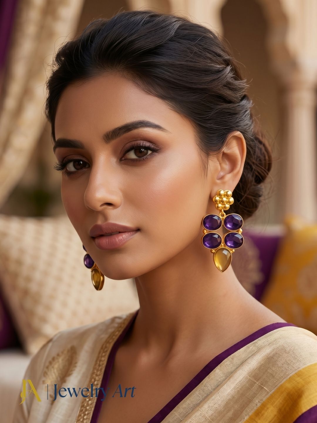Woman styling gold plated purple quartz yellow chalcedony earrings
