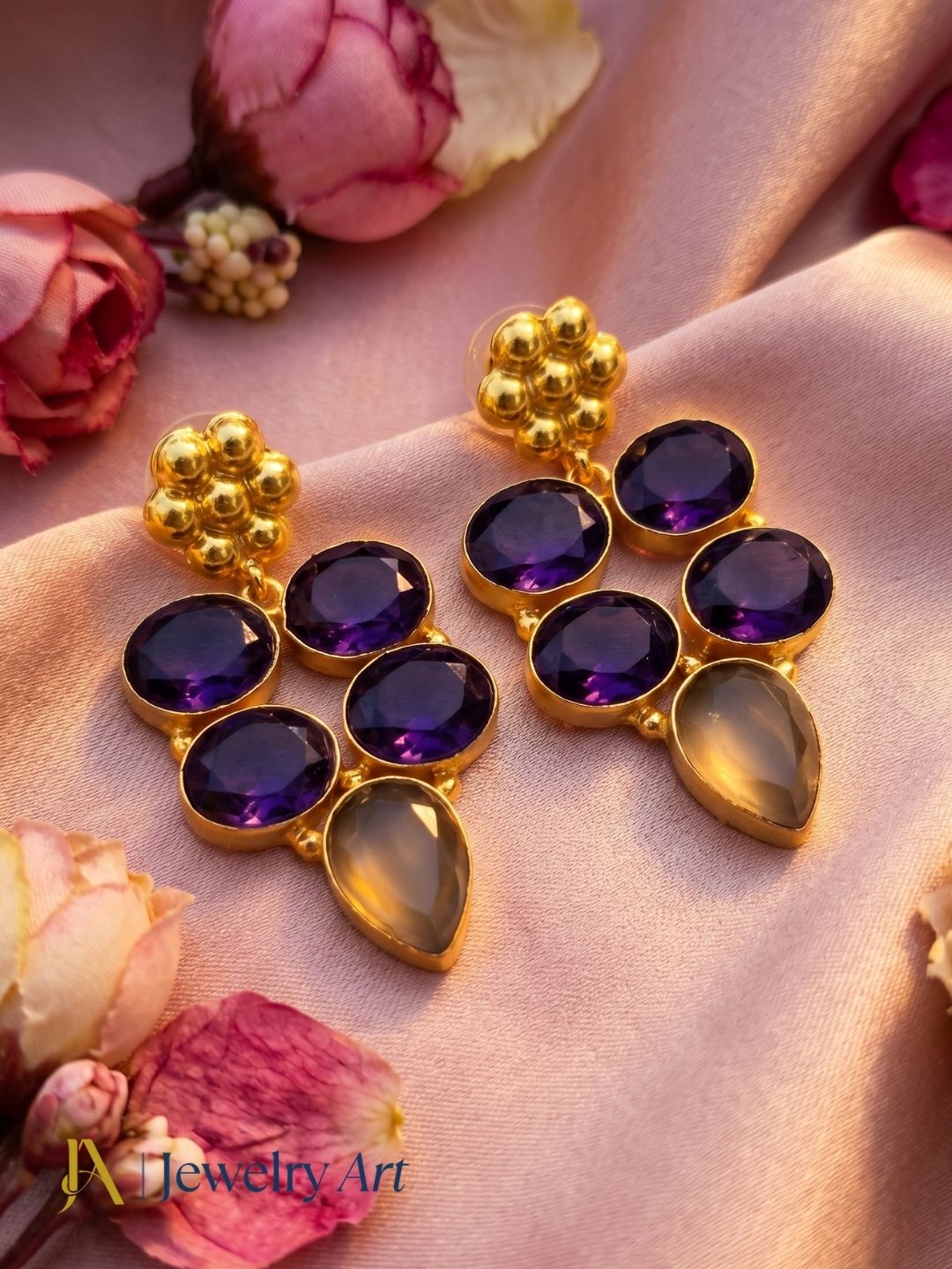 Artistic display of handcrafted purple quartz yellow chalcedony dangle earrings
