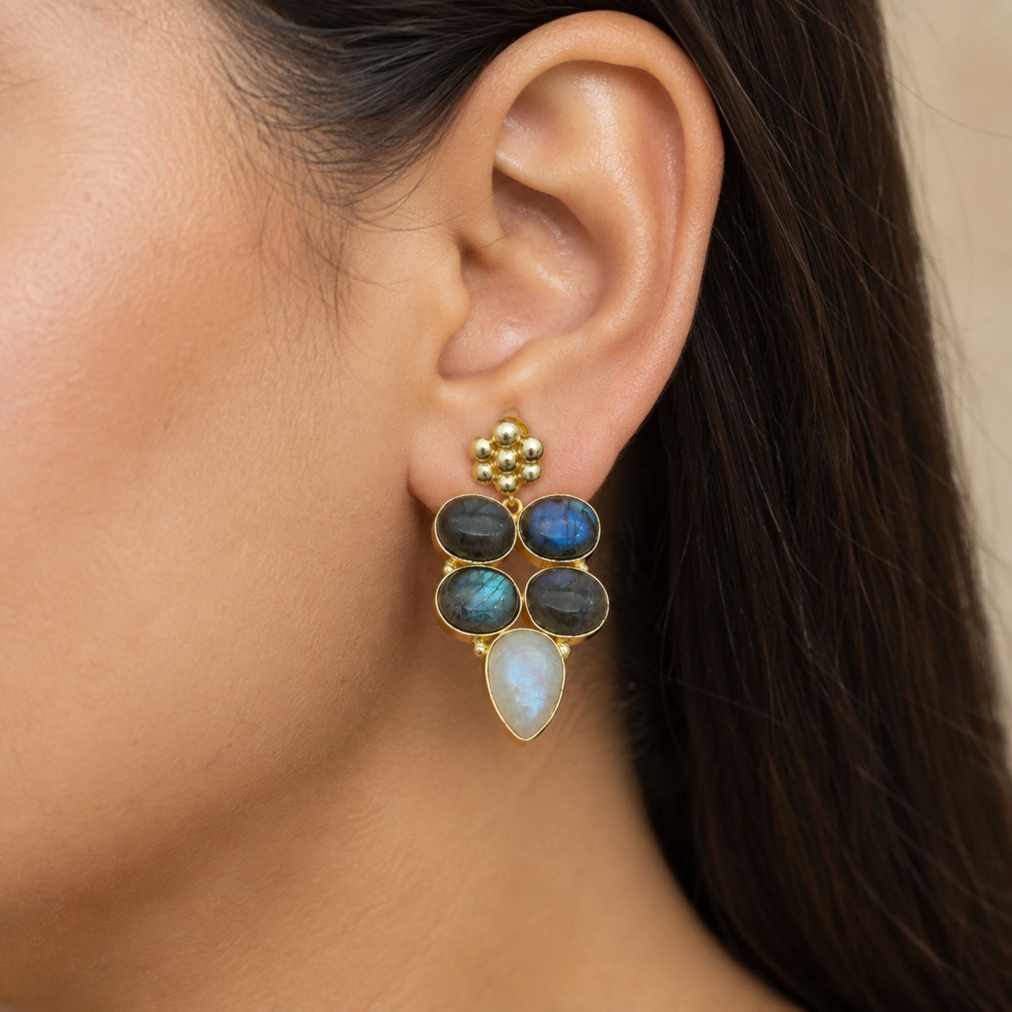 Natural Labradorite Rainbow Gemstone Gold Plated Dangle Earrings, Statement Drop Earrings, Boho Jewelry Gift for Her