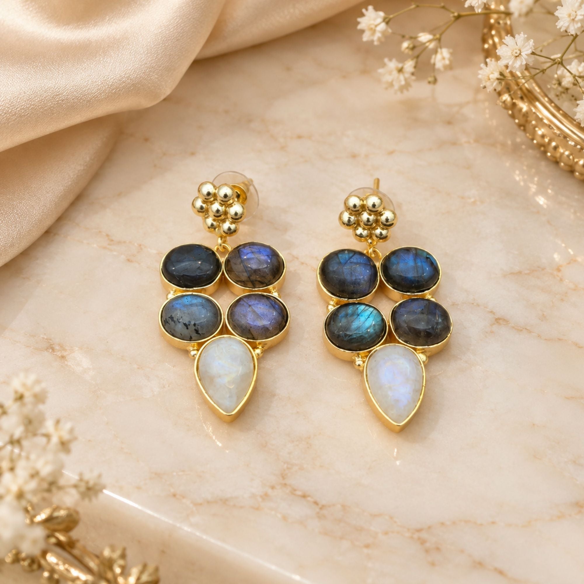 Natural Labradorite Rainbow Gemstone Gold Plated Dangle Earrings, Statement Drop Earrings, Boho Jewelry Gift for Her