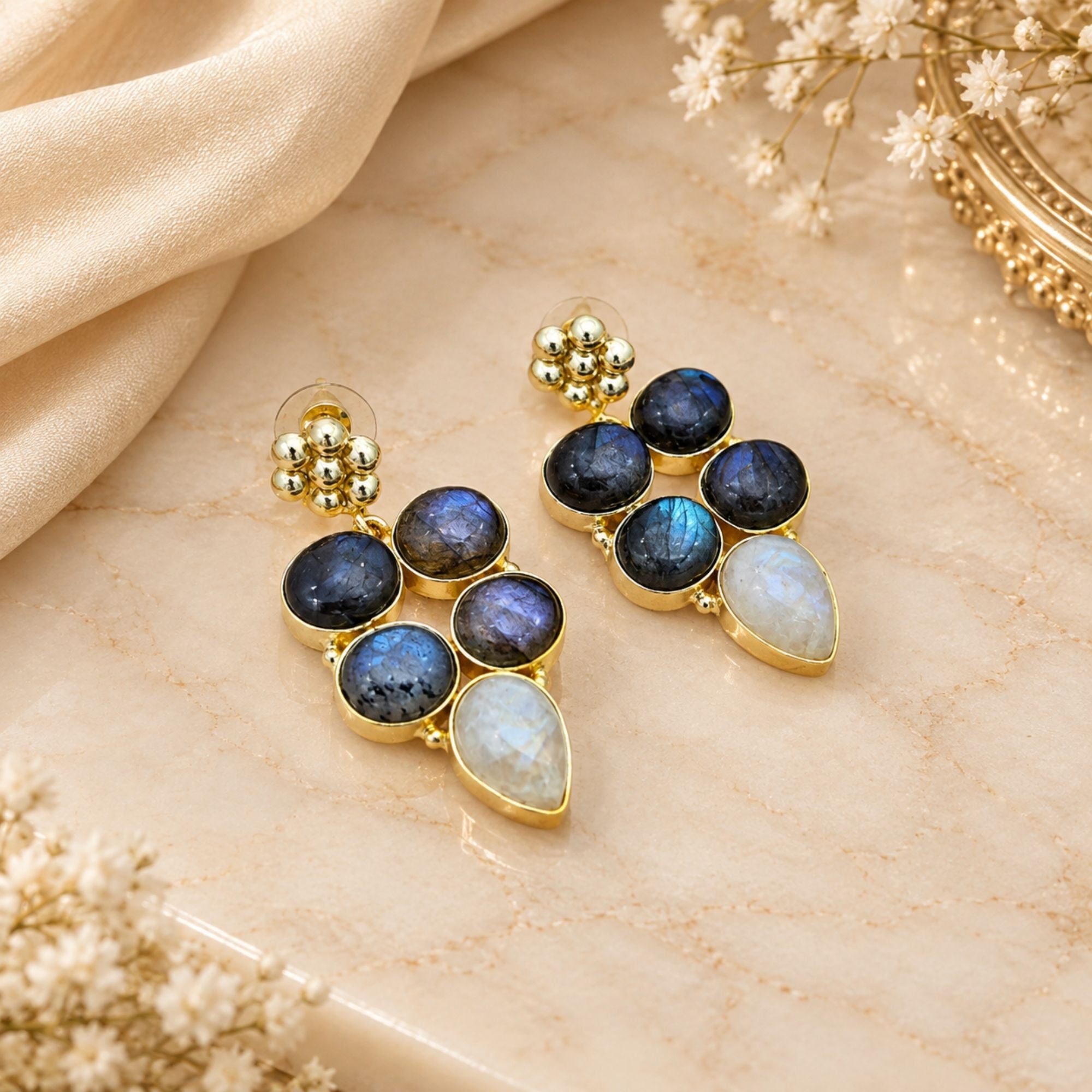 Natural Labradorite Rainbow Gemstone Gold Plated Dangle Earrings, Statement Drop Earrings, Boho Jewelry Gift for Her