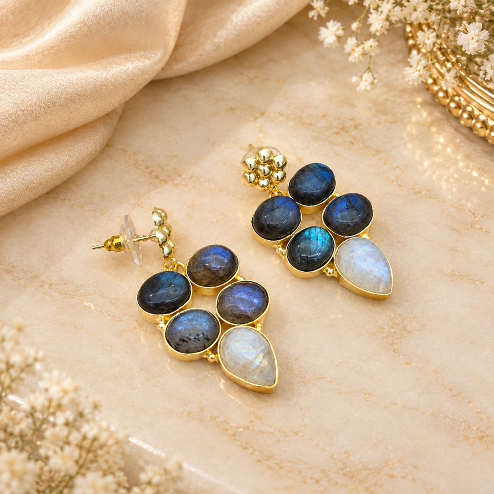 Natural Labradorite Rainbow Gemstone Gold Plated Dangle Earrings, Statement Drop Earrings, Boho Jewelry Gift for Her
