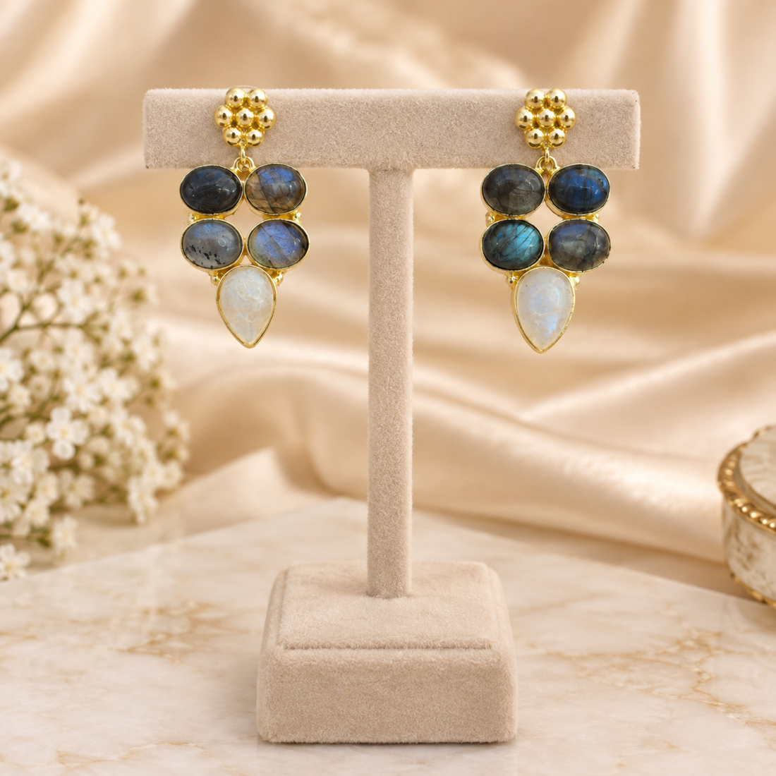 Natural Labradorite Rainbow Gemstone Gold Plated Dangle Earrings, Statement Drop Earrings, Boho Jewelry Gift for Her