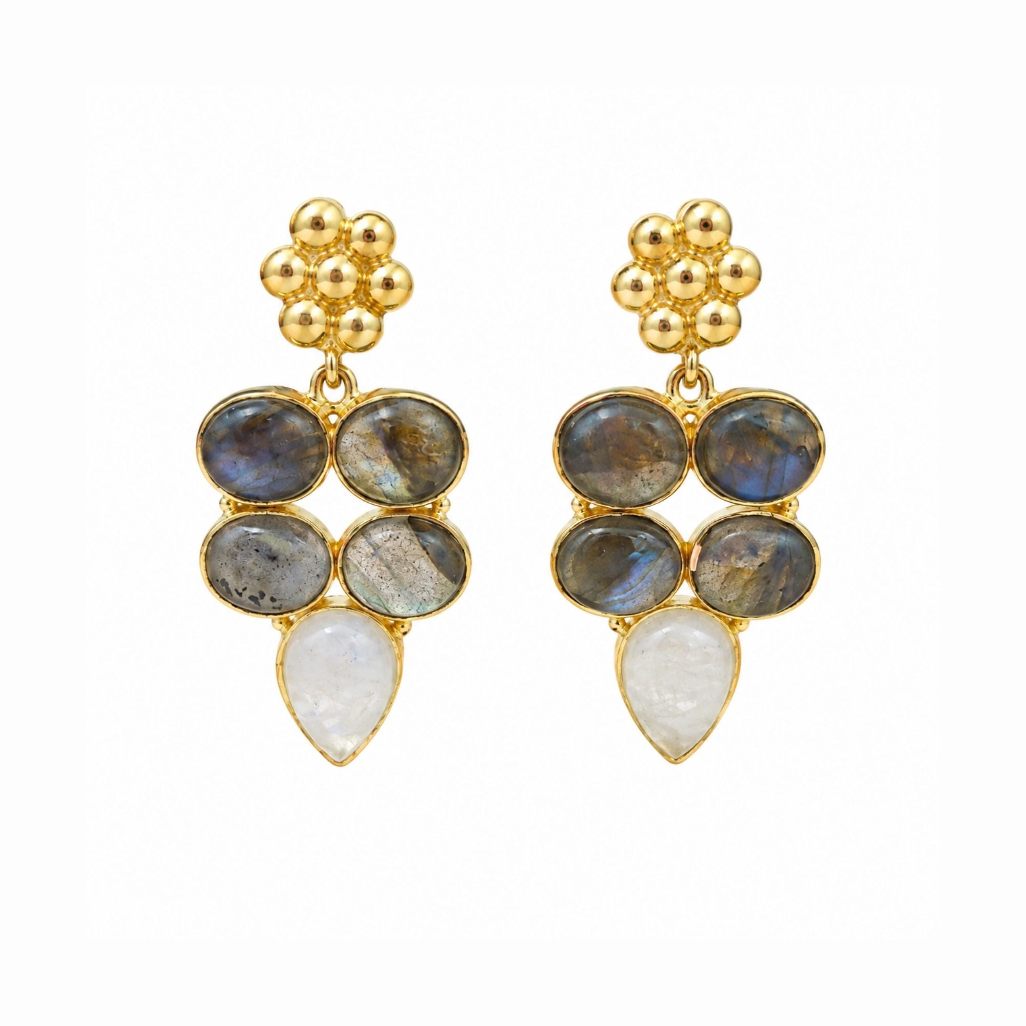 Natural Labradorite Rainbow Gemstone Gold Plated Dangle Earrings, Statement Drop Earrings, Boho Jewelry Gift for Her
