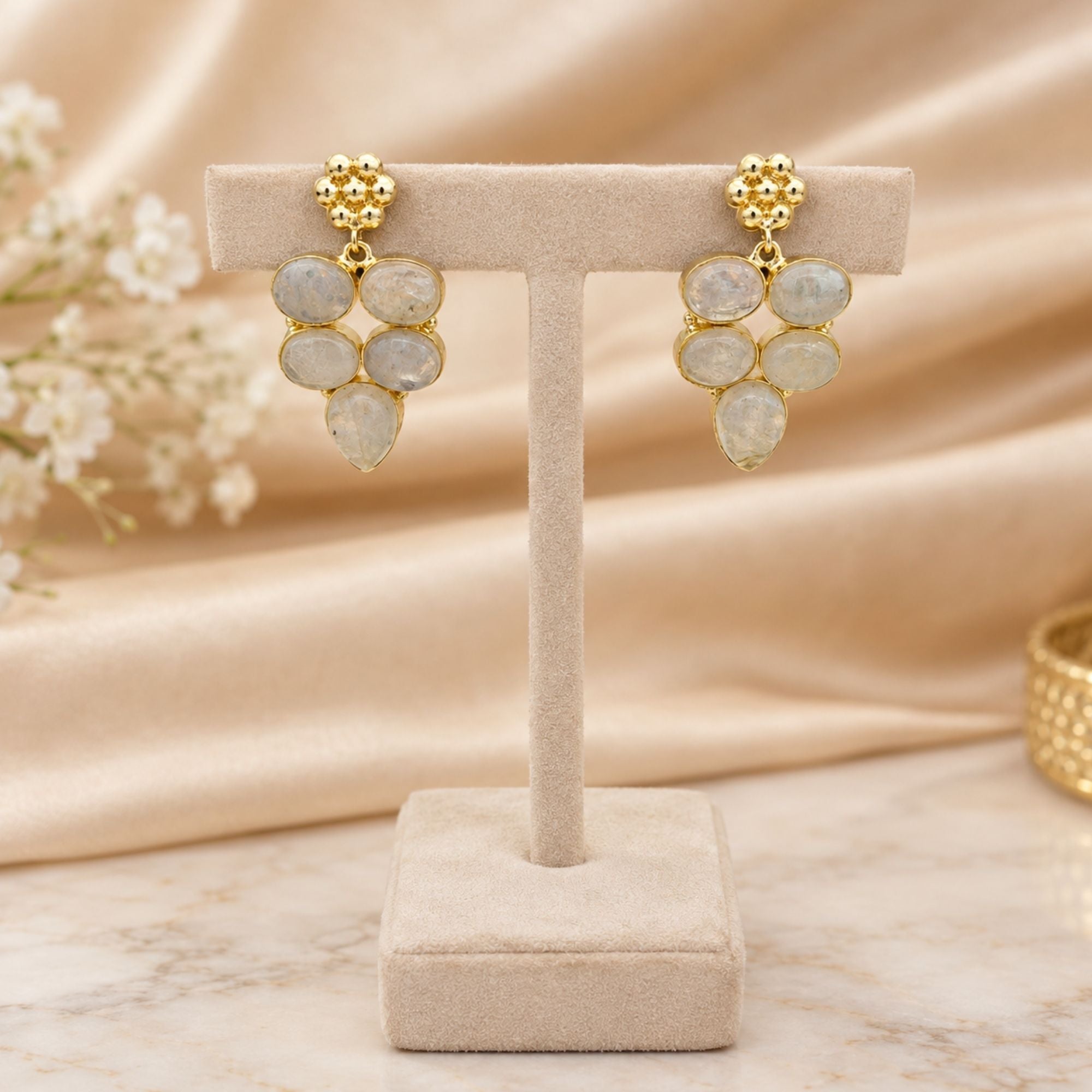 Natural White Rainbow Gemstone Gold Plated Dangle Earrings, Statement Drop Earrings, Boho Jewelry Gift for Her