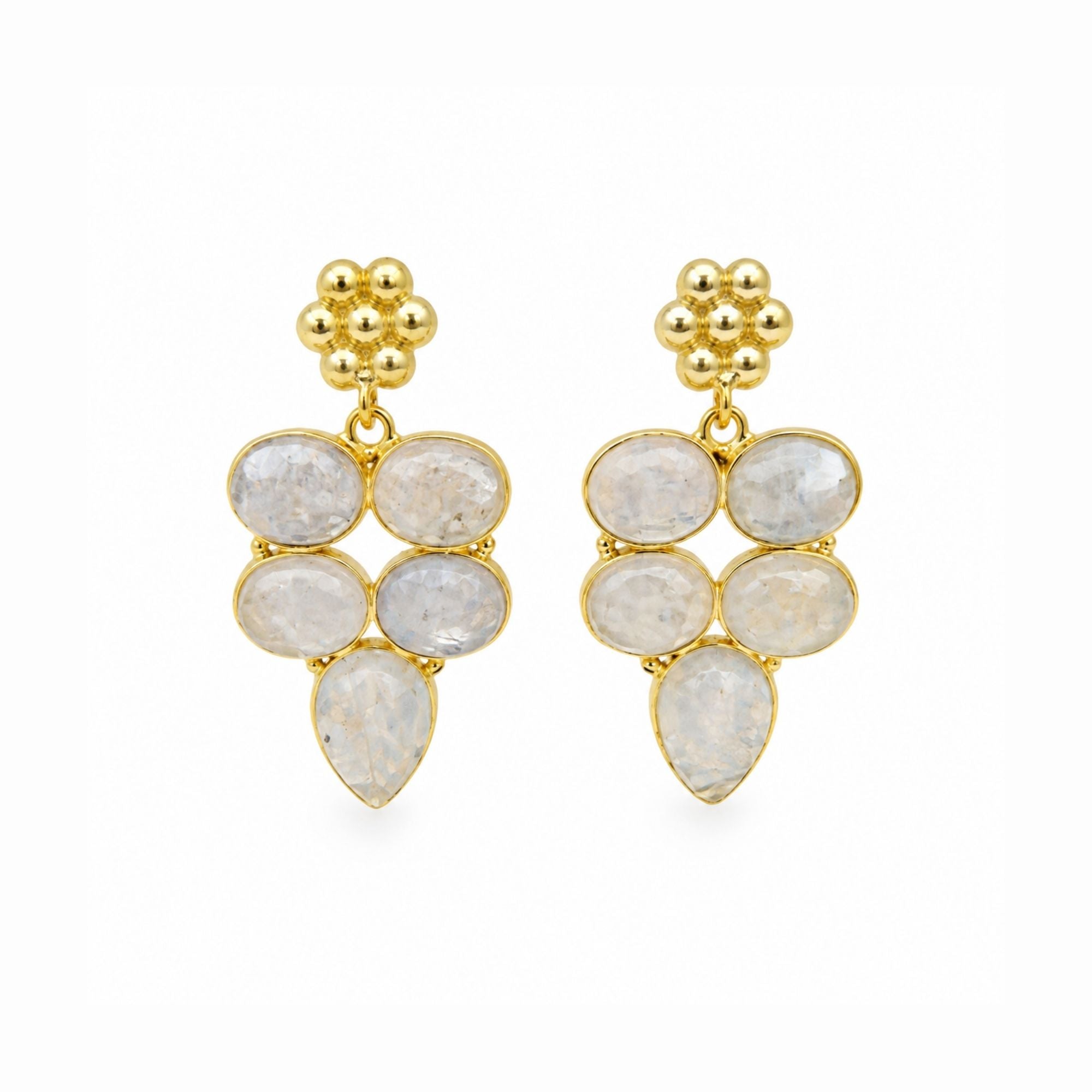 Natural White Rainbow Gemstone Gold Plated Dangle Earrings, Statement Drop Earrings, Boho Jewelry Gift for Her