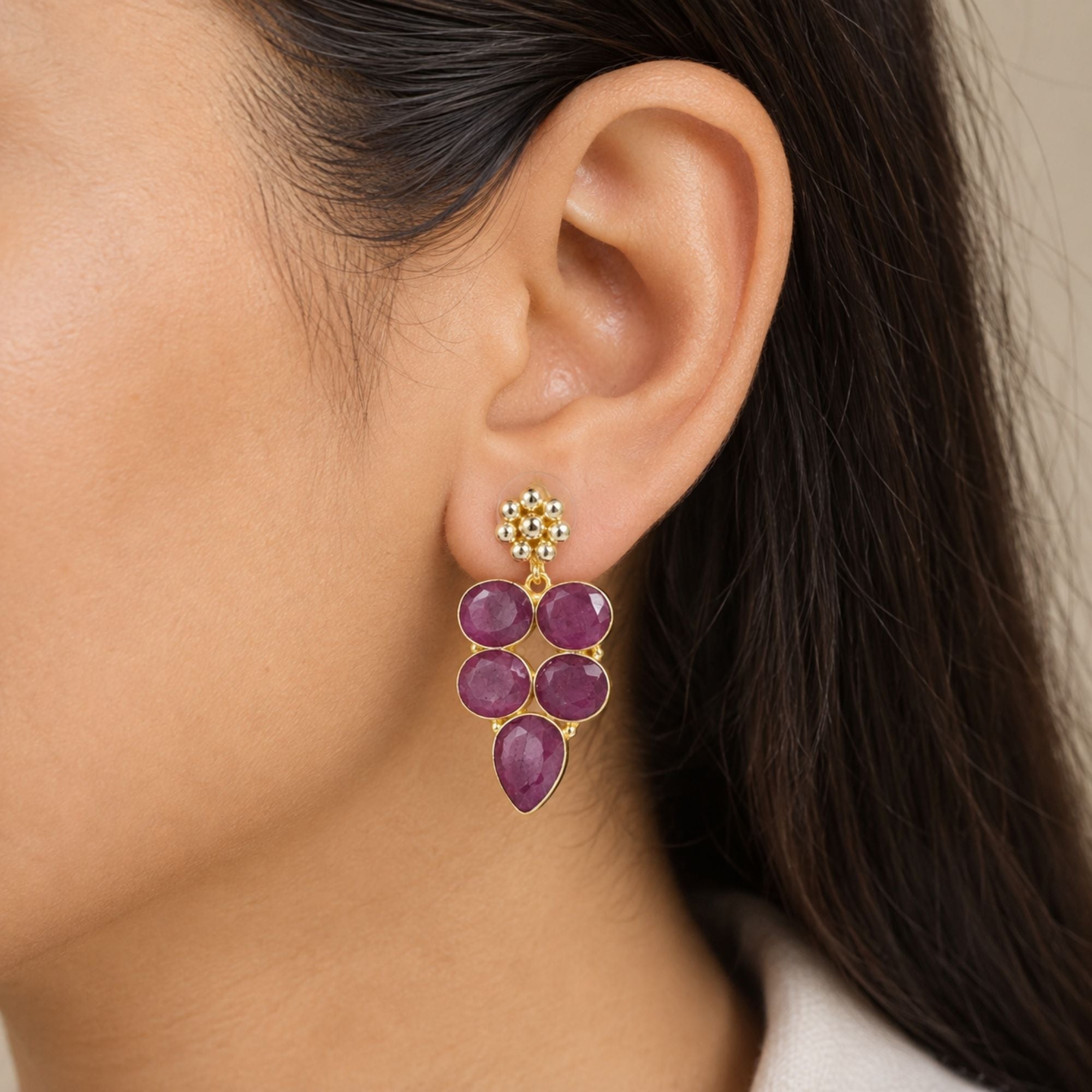 Natural Red Hathipara Earrings, Gold Plated Gemstone Dangle Earrings, Statement Drop Jewelry, Boho Gift for Her