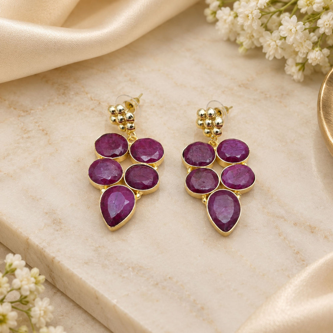 Natural Red Hathipara Earrings, Gold Plated Gemstone Dangle Earrings, Statement Drop Jewelry, Boho Gift for Her