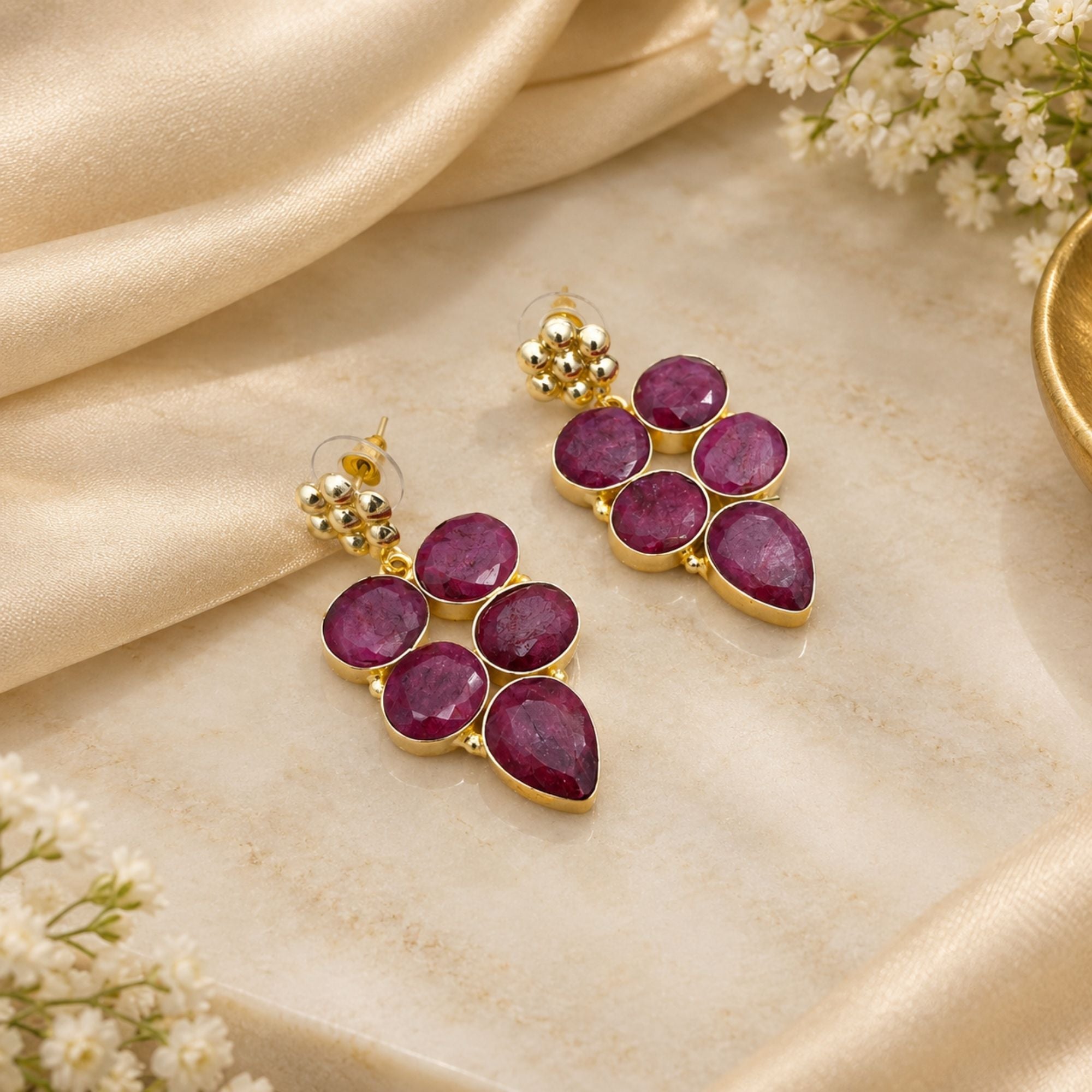 Natural Red Hathipara Earrings, Gold Plated Gemstone Dangle Earrings, Statement Drop Jewelry, Boho Gift for Her