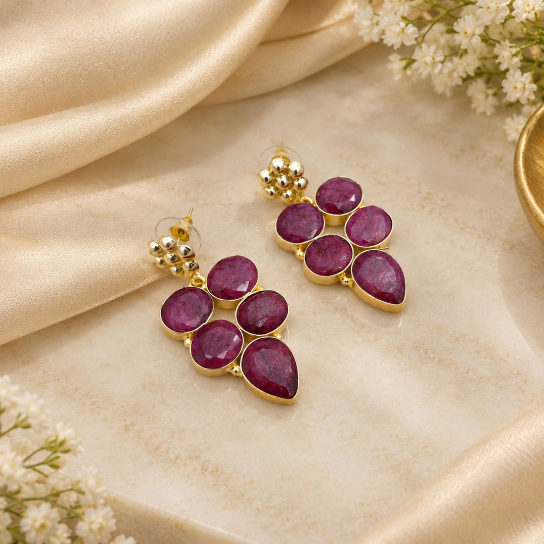 Natural Red Hathipara Earrings, Gold Plated Gemstone Dangle Earrings, Statement Drop Jewelry, Boho Gift for Her