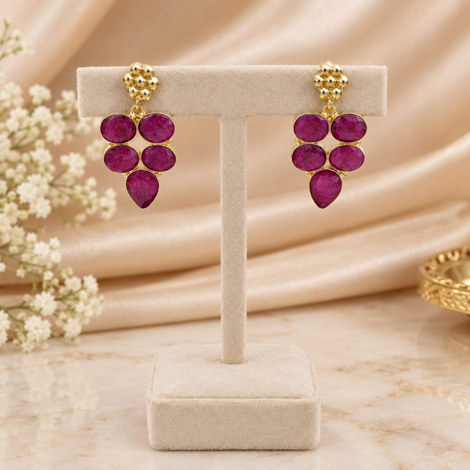 Natural Red Hathipara Earrings, Gold Plated Gemstone Dangle Earrings, Statement Drop Jewelry, Boho Gift for Her