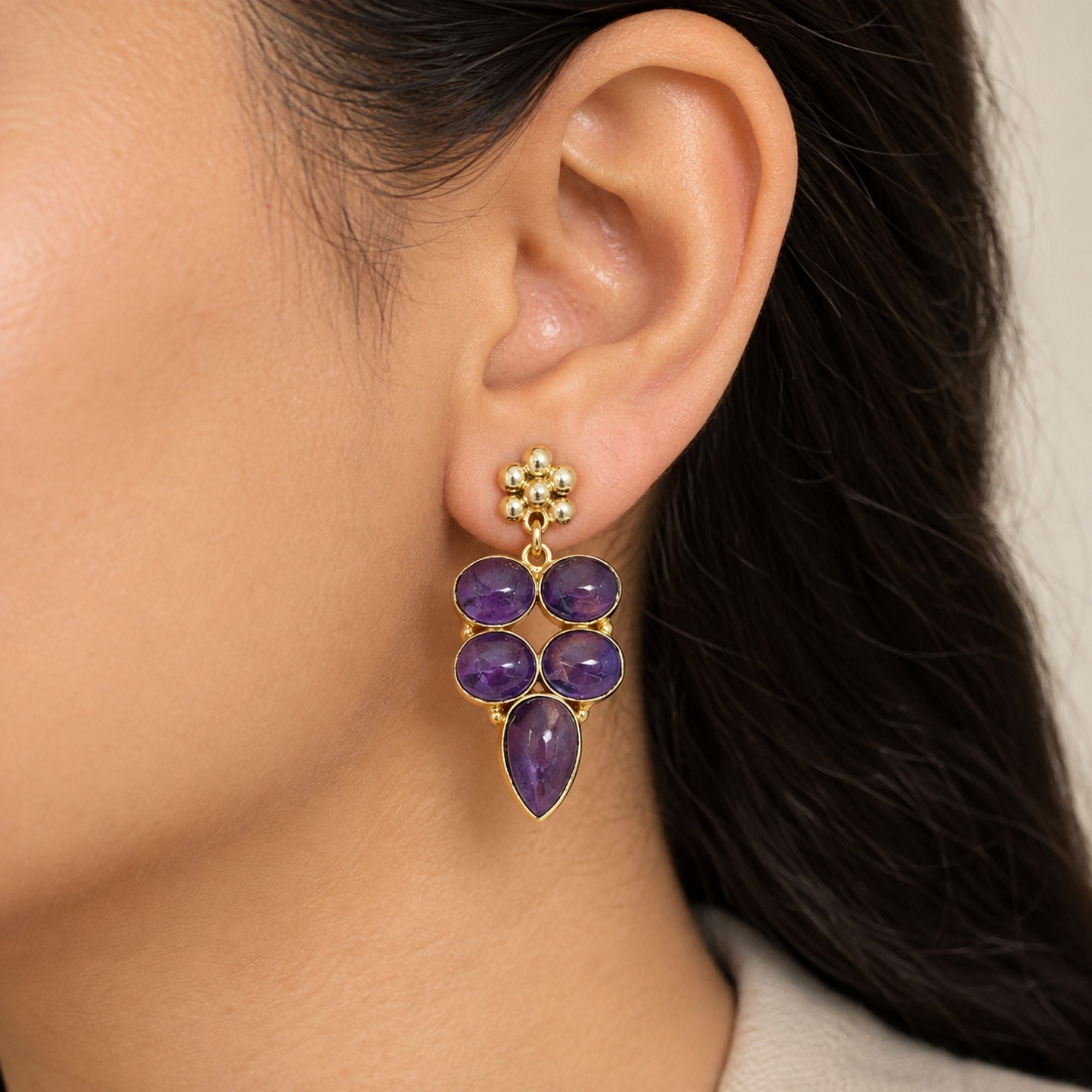 Natural Amethyst Gemstone Gold Plated Dangle Earrings, Purple Statement Drop Earrings, Boho Jewelry Gift for Her