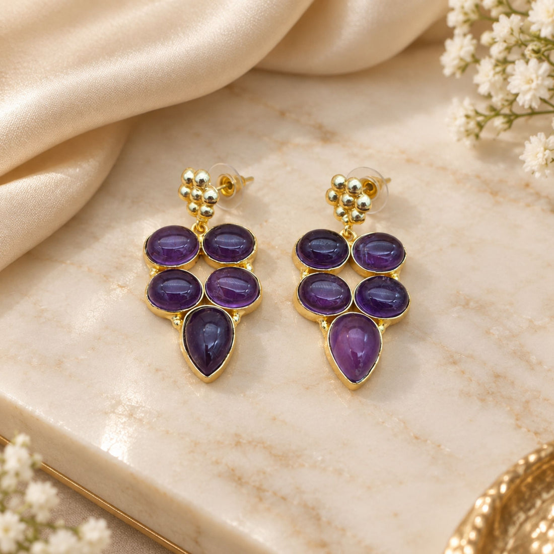 Natural Amethyst Gemstone Gold Plated Dangle Earrings, Purple Statement Drop Earrings, Boho Jewelry Gift for Her
