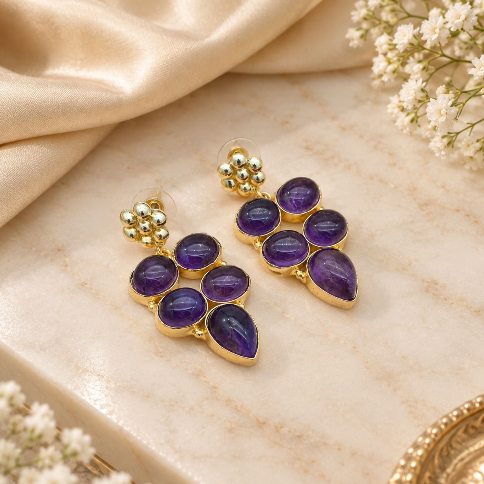 Natural Amethyst Gemstone Gold Plated Dangle Earrings, Purple Statement Drop Earrings, Boho Jewelry Gift for Her