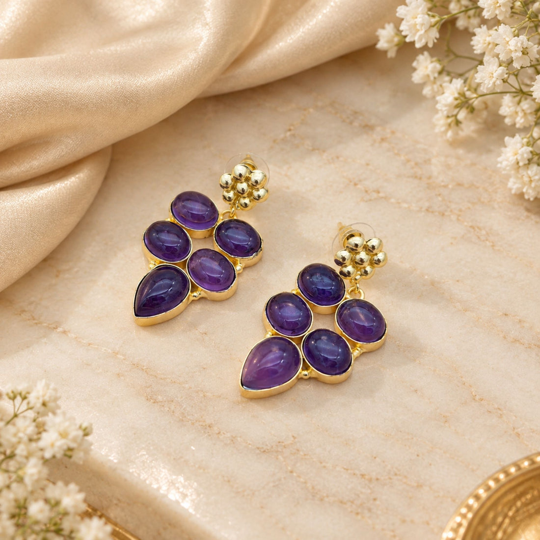 Natural Amethyst Gemstone Gold Plated Dangle Earrings, Purple Statement Drop Earrings, Boho Jewelry Gift for Her