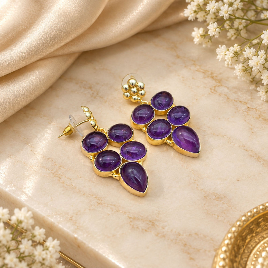 Natural Amethyst Gemstone Gold Plated Dangle Earrings, Purple Statement Drop Earrings, Boho Jewelry Gift for Her